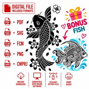 Pacchetto di file SVG con pesci Koi | Koi giapponesi con fiori di Sakura | File di taglio per Cricut | png svg pdf fcm cwprj | Design in stile tatuaggio