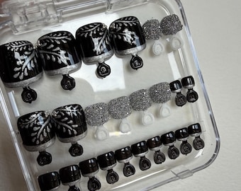 Presse d'orteils français argent noir sur les ongles pédicure de luxe goth faux ongles réutilisables art 3D paillettes botaniques fait main 24 pièces