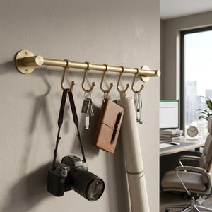 Brass Wall Hook Bar: Kitchen Pot Rail, Curtain Rod, Entryway Organizer