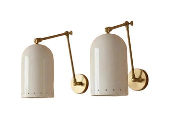 Sputnik Brass Italian Pair Handmade Adjustable Swing Arm Milky Glass Shade Wall Decor Display Lamp Light
