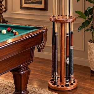 Solid Wooden Round Cue Stick Stand | Handmade Billiard Pool Cue Holder | Floor Display Rack