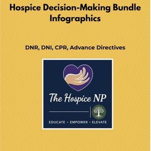 May include: A yellow infographic titled "Hospice Decision-Making Bundle Infographics." The text "DNR, DNI, CPR, Advance Directives" is below the title. A navy blue square features a heart and hand graphic, the words "The Hospice NP," and the words "EDUCATE • EMPOWER • ELEVATE."