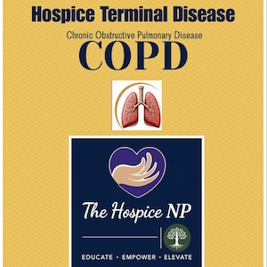 Może przedstawiać: Żółty i biały plakat informacyjny z tekstem "Hospice Terminal Disease" i "COPD". Plakat zawiera ilustrację płuc i logo "The Hospice NP" z dłonią w sercu.