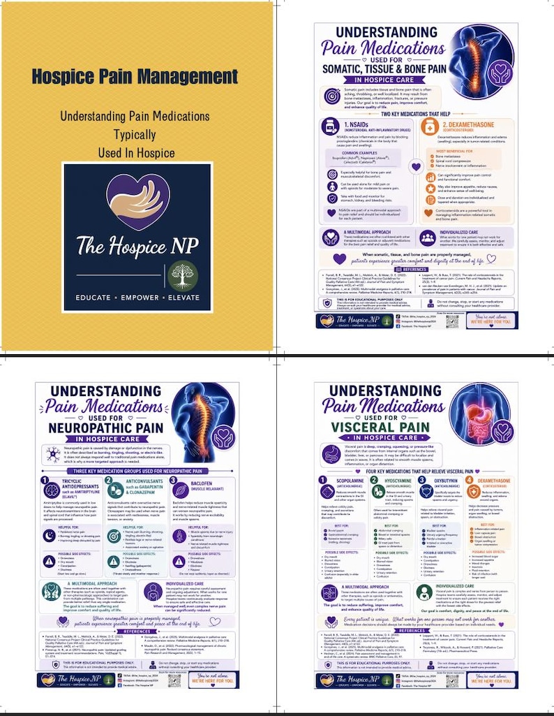 Puede incluir: Un conjunto de carteles educativos sobre el manejo del dolor en cuidados paliativos. Los carteles presentan informaci&oacute;n detallada sobre varios medicamentos para el dolor, incluidos los de dolor som&aacute;tico, tisular, &oacute;seo, neurop&aacute;tico y visceral.