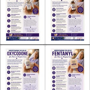 Puede incluir: Cuatro carteles informativos sobre el manejo del dolor en cuidados paliativos. Cada cartel presenta un medicamento diferente: Hidromorfona, Morfina, Oxicodona y Fentanilo. Los carteles incluyen texto, iconos e im&aacute;genes de los medicamentos.