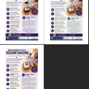 Puede incluir: Tres carteles informativos sobre medicamentos utilizados en cuidados paliativos. Cada cartel presenta una foto de una persona en la cama y una mano sosteniendo un frasco de medicamento o una pastilla. Los carteles se titulan "Entendiendo el uso de metadona", "Entendiendo el uso de gabapentina" y "Entendiendo el uso de dexametasona".
