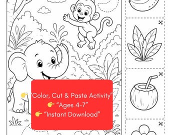 Elephant and Monkey Coloring Activity | Printable Cut and Paste Game for Kids | Canva Template PDF