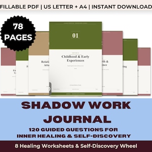 May include: A 78-page fillable PDF shadow work journal for US letter and A4 paper. The cover features the text Childhood & Early Experiences, 120 guided questions for inner healing & self-discovery, and 8 healing worksheets & self-discovery wheel.