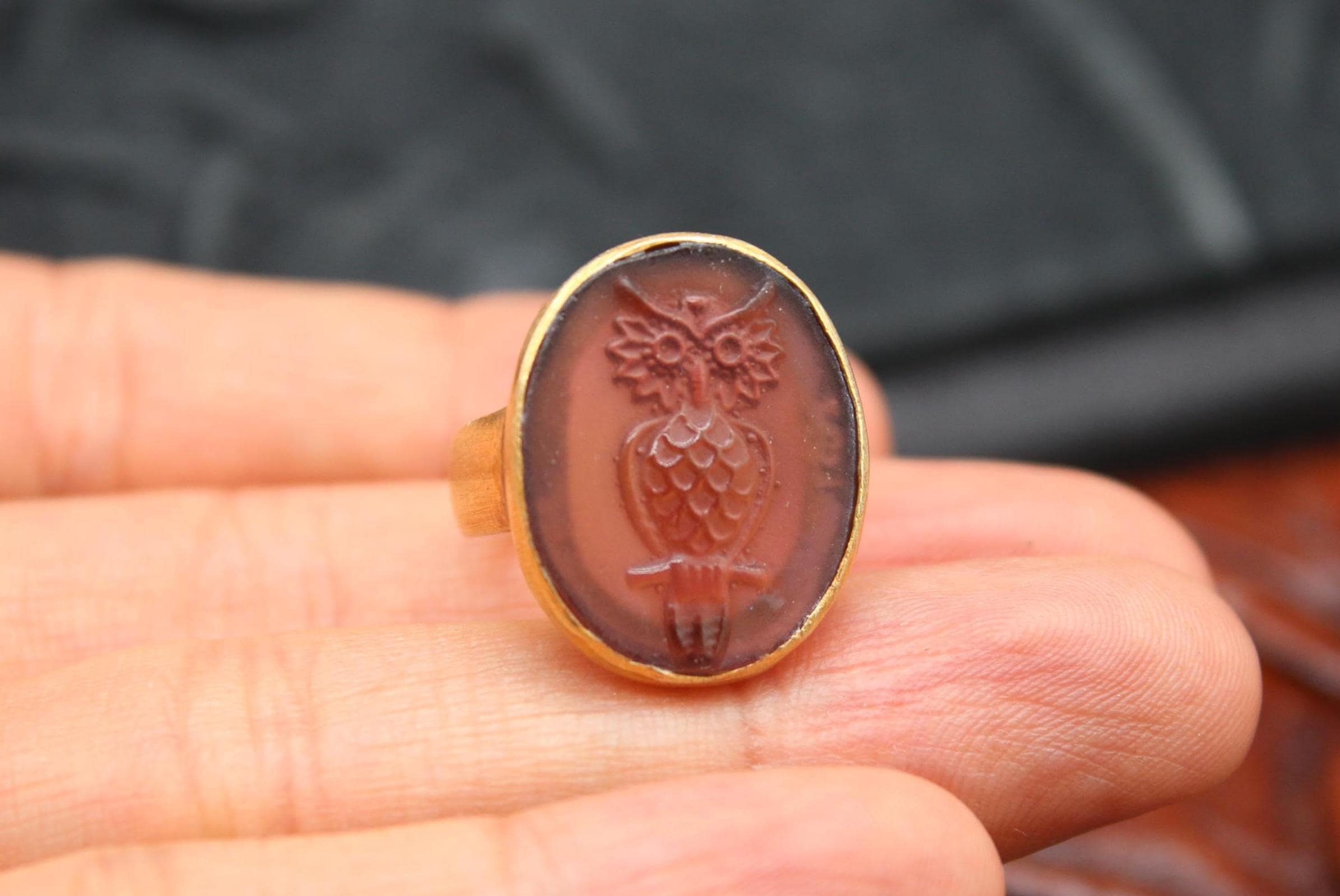Athena Owl Intaglio Ring Gold Plated Sterling Silver Ancient Greek Ring