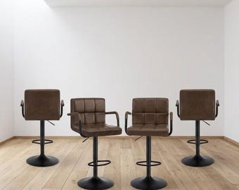Set of 4 "Oxford" Bar Stools – Vintage Club Design in Brown Faux Leather & Black Steel