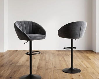 Tabouret de Bar "Luna" – Design Glamour en Velours Gris & Pied Noir Mat