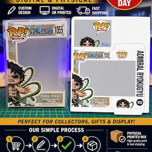 Op de afbeelding: Aangepast Funko Pop box ontwerp, digitaal en fysiek beschikbaar. De afbeelding toont een doorzichtige plastic display case en een bedrukte kartonnen doos met het personage Admiral Ryokugyu uit One Piece.
