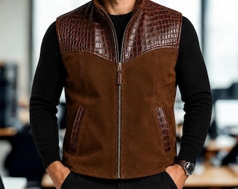 Gilet en cuir marron, gilet en cuir façon crocodile, gilet zippé pour homme, gilet western en cuir, gilet de motard en cuir