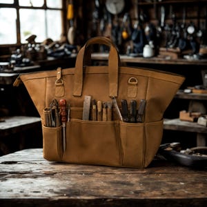 Pode incluir: Uma bolsa de ferramentas em couro castanho com duas alças superiores, um compartimento principal com fecho e vários bolsos exteriores. Os bolsos contêm várias ferramentas manuais de metal e madeira, incluindo uma régua metálica, formões e sovelas.