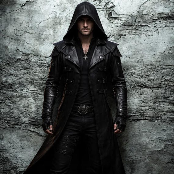 Men’s Black Hooded Leather Costume Set – Gothic Assassin Coat & Pants Outfit, Biker Punk Trench Cloak, Full Leather Suit Unisex