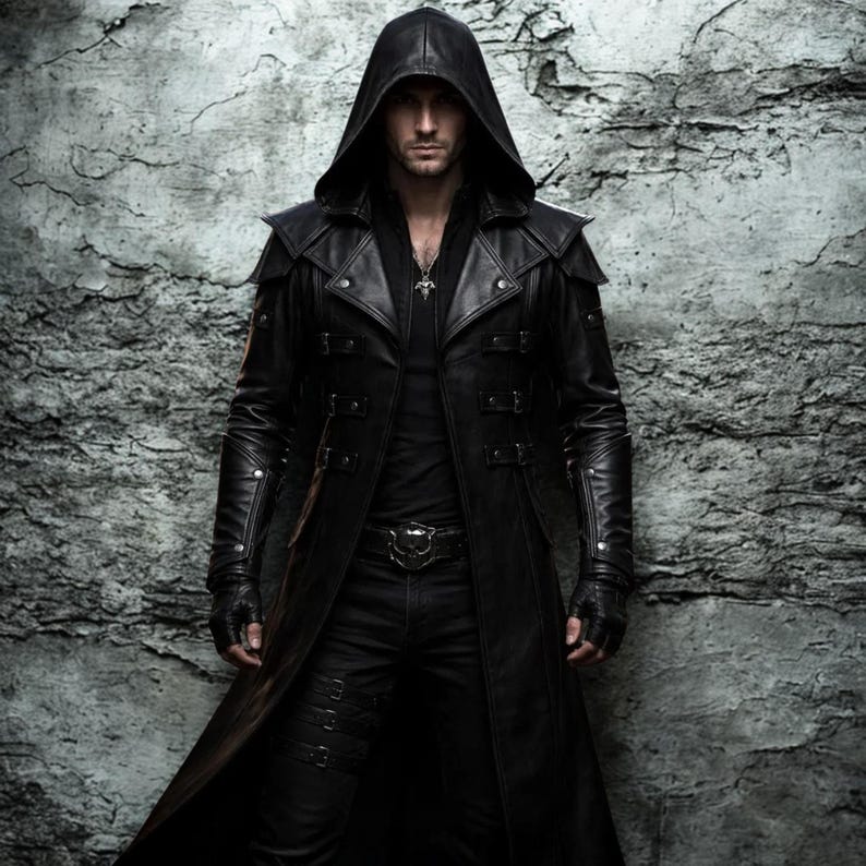 May include: A black leather hooded coat with multiple buttons and a belt buckle. The coat has a long, flowing design and is worn over a black shirt and pants. The person is wearing fingerless gloves and a necklace.