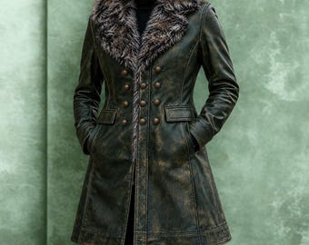 Manteau en cuir noir pour femme avec col en fourrure, trench-coat vintage en cuir, veste d'hiver croisée, manteau long gothique en cuir