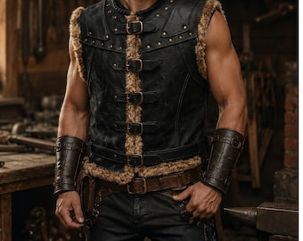 Gilet viking en cuir noir pour homme, gilet de guerrier bordé de fourrure, costume médiéval pour GN, armure gothique en cuir, tenue pour reconstitution historique, cadeau cosplay