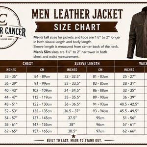 May include: Men's leather jacket size chart with chest, sleeve, and waist measurements in inches and centimeters. Includes sizes XS to 5XL. A brown leather jacket is shown on the right.
