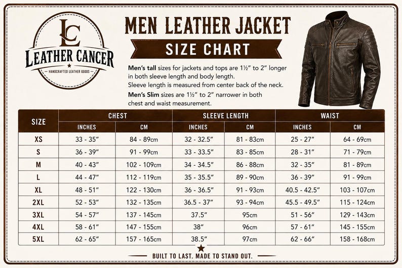 May include: Men's leather jacket size chart with chest, sleeve, and waist measurements in inches and centimeters. Includes sizes XS to 5XL. A brown leather jacket is shown on the right.
