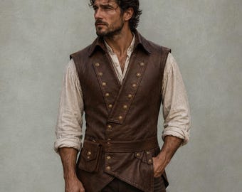 Gilet en cuir noir pour homme - gilet de pirate médiéval, gilet de costume Renaissance, tenue steampunk viking, gilet en cuir fait main