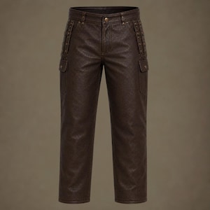May include: Dark brown trousers with a textured finish, featuring a button closure at the waist, belt loops, and two side cargo pockets. The upper hip area is accented with vertical panels containing small metal studs and decorative stitching details.