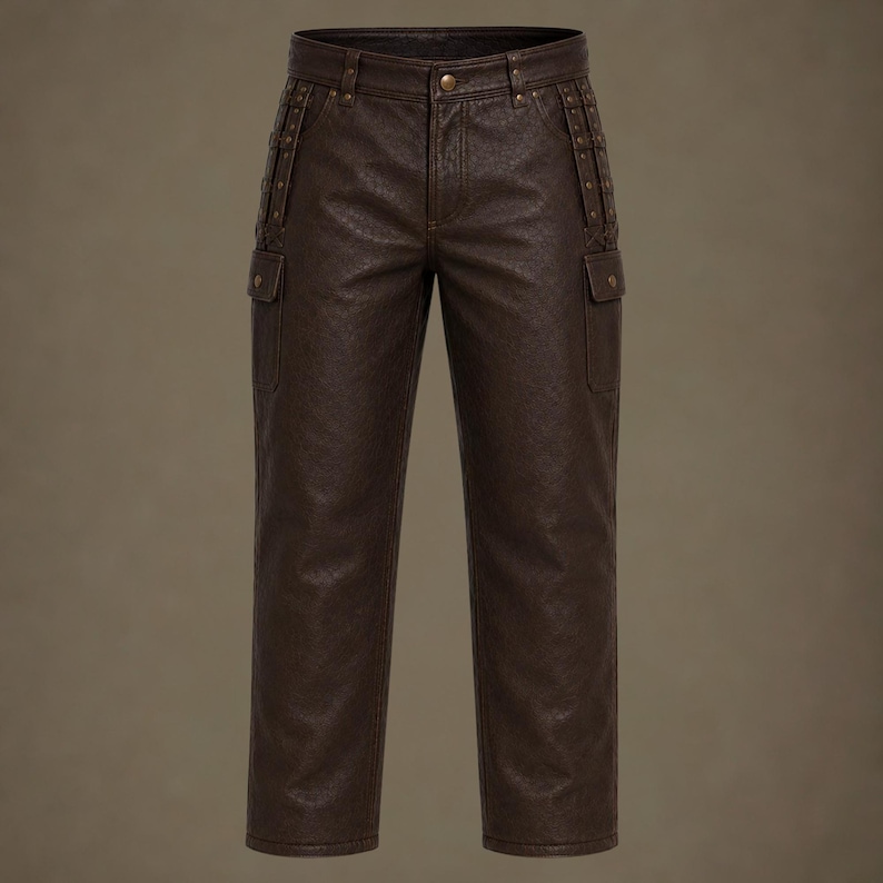 May include: Dark brown trousers with a textured finish, featuring a button closure at the waist, belt loops, and two side cargo pockets. The upper hip area is accented with vertical panels containing small metal studs and decorative stitching details.
