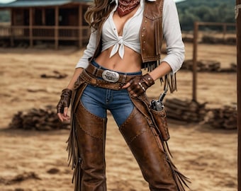 Women’s Western Cowgirl Costume – Leather Fringe Vest & Chaps Set, Cowboy Outfit, Rodeo Festival Wear, Handmade Western Outfit