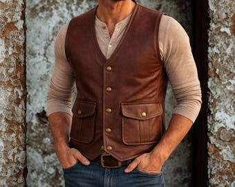 Mens Leather Vest Brown, Vintage Leather Vest Men, Biker Leather Waistcoat, Casual Western Vest, Classic Leather Vest Gift for Him