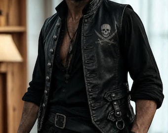 Gilet de pirate en cuir noir pour homme – Gilet de motard gothique à tête de mort, gilet de costume médiéval Renaissance, gilet de motard steampunk, cuir fait main