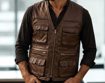 Veste sans manches en cuir marron pour homme | Gilet utilitaire vintage, veste | Gilet de motard avec poche | Gilet de moto en cuir véritable fait main, veste