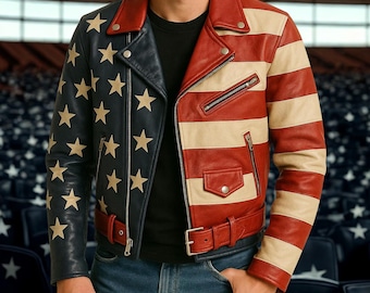 American Flag Leather Jacket Men Women, Patriotic Biker Jacket USA, 4th of July Outfit, Vintage Style Leather Jacket, Festival Streetwear