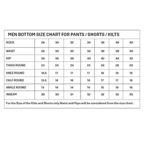 May include: A size chart for men's pants, shorts, and kilts. The chart includes sizes from 28 to 40, with measurements for waist, hip, thigh round, knee round, calf round, ankle round, and inseam.