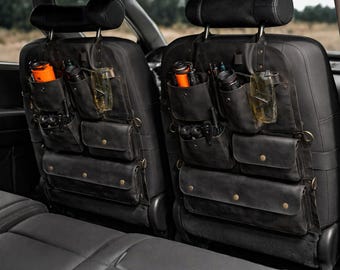 Organiseur de siège auto en cuir - Sac de rangement pour la banquette arrière, Organisateur utilitaire de voyage, Accessoire de voiture en cuir à plusieurs poches, Fait main