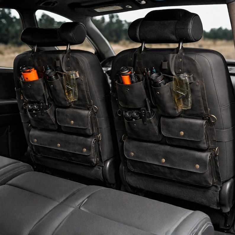 May include: Black leather car seat organizers with multiple pockets and compartments. Each organizer hangs from the headrest and features various sized pockets, pouches, and holders for items like water bottles and tools. The organizers are attached to the seat with brass-colored hardware.
