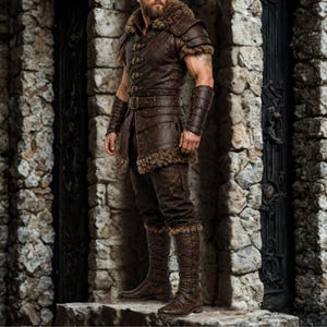 May include: A dark brown leather tunic featuring a fur-lined collar and hem, short sleeves with shoulder armour, and a buckled belt. The outfit includes matching leather bracers and tall, multi-buckled leather boots with fur trim at the top edges.