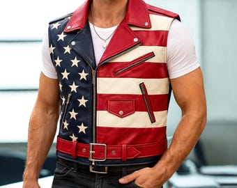 Unisex Lederweste mit amerikanischer Flagge, Vaterländische Bikerweste, Jacke mit USA-Flagge, Outfit zum Unabhängigkeitstag, Geschenk zum 4. Juli, Festival Wear