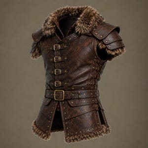 May include: A brown leather vest featuring a faux fur collar and trim, multiple brass-toned buckles down the front, shoulder pauldrons, and a waist belt. The garment is constructed with layered panels, metallic rivets, and side lacing details.
