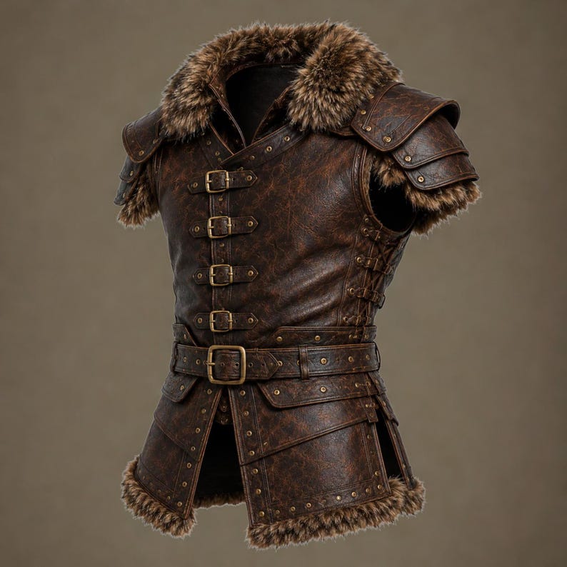 May include: A brown leather vest featuring a faux fur collar and trim, multiple brass-toned buckles down the front, shoulder pauldrons, and a waist belt. The garment is constructed with layered panels, metallic rivets, and side lacing details.