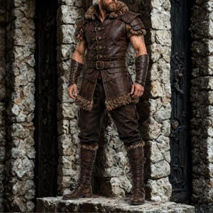 May include: A brown leather vest featuring a fur-lined collar and hem, multiple front buckles, and a matching belt. The outfit includes leather arm bracers and tall, lace-up leather boots, all with a weathered texture and dark brown finish.