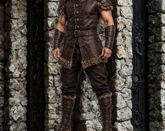 Viking Leather Costume Set, Medieval Warrior Outfit, Leather Vest Pants & Arm Guards, Norse LARP Costume, Fantasy Warrior Costume