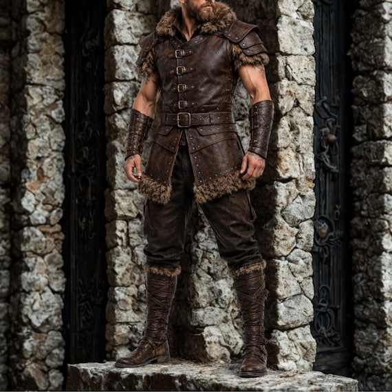 Viking Leather Costume Set, Medieval Warrior Outfit, Leather Vest Pants & Arm Guards, Norse LARP Costume, Fantasy Warrior Costume