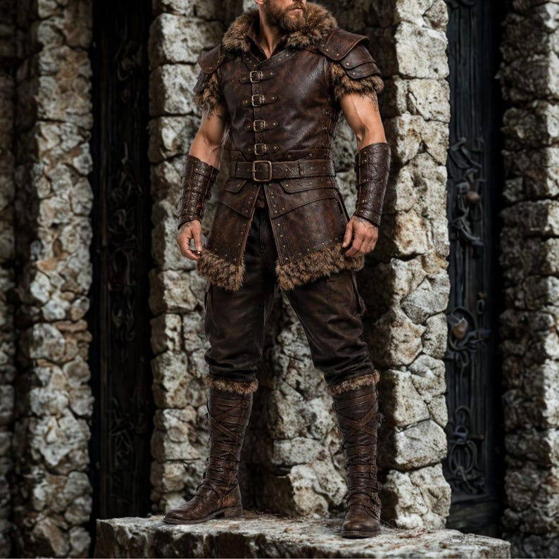 May include: A brown leather vest featuring a fur-lined collar and hem, multiple front buckles, and a matching belt. The outfit includes leather arm bracers and tall, lace-up leather boots, all with a weathered texture and dark brown finish.
