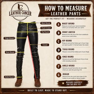 May include: An instructional guide for measuring black leather trousers, featuring a diagram of the trousers with yellow lines indicating measurement points for waist, crotch, hip, thigh, knee, ankle, and inseam, alongside text instructions for each.