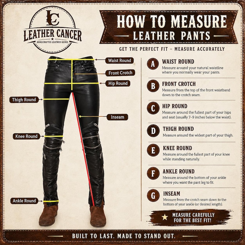 May include: An instructional guide for measuring black leather trousers, featuring a diagram of the trousers with yellow lines indicating measurement points for waist, crotch, hip, thigh, knee, ankle, and inseam, alongside text instructions for each.