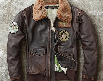 Blouson aviateur en cuir vintage pour homme | Blouson aviateur à col en fourrure | Blouson aviateur effet usé pour pilotes | Blouson en cuir militaire Air Force