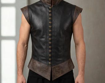 Gilet médiéval en cuir noir et marron pour homme, gilet Renaissance bicolore, gilet gothique pour GN, costume viking, gilet de pirate