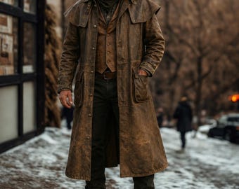 Manteau long en cuir marron, trench-coat long en cuir, veste western steampunk, manteau en cuir vintage, vêtement d'extérieur de cowboy, manteau de motard