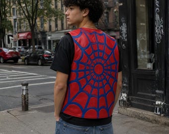 Gilet en cuir toile d'araignée pour homme, gilet motard rouge noir, gilet en cuir inspiré des bandes dessinées, gilet moto streetwear, cadeau fait main