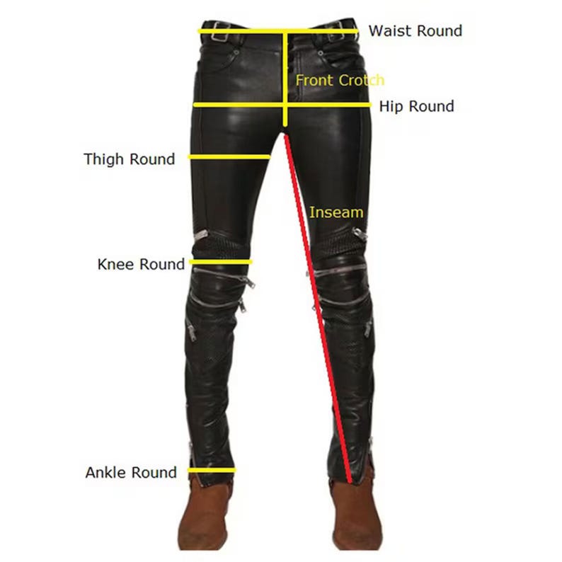 May include: Black leather pants with measurement labels for waist, hip, thigh, knee, ankle, front crotch, and inseam. The pants have zippers at the knees and are paired with brown boots. The image is against a white background.